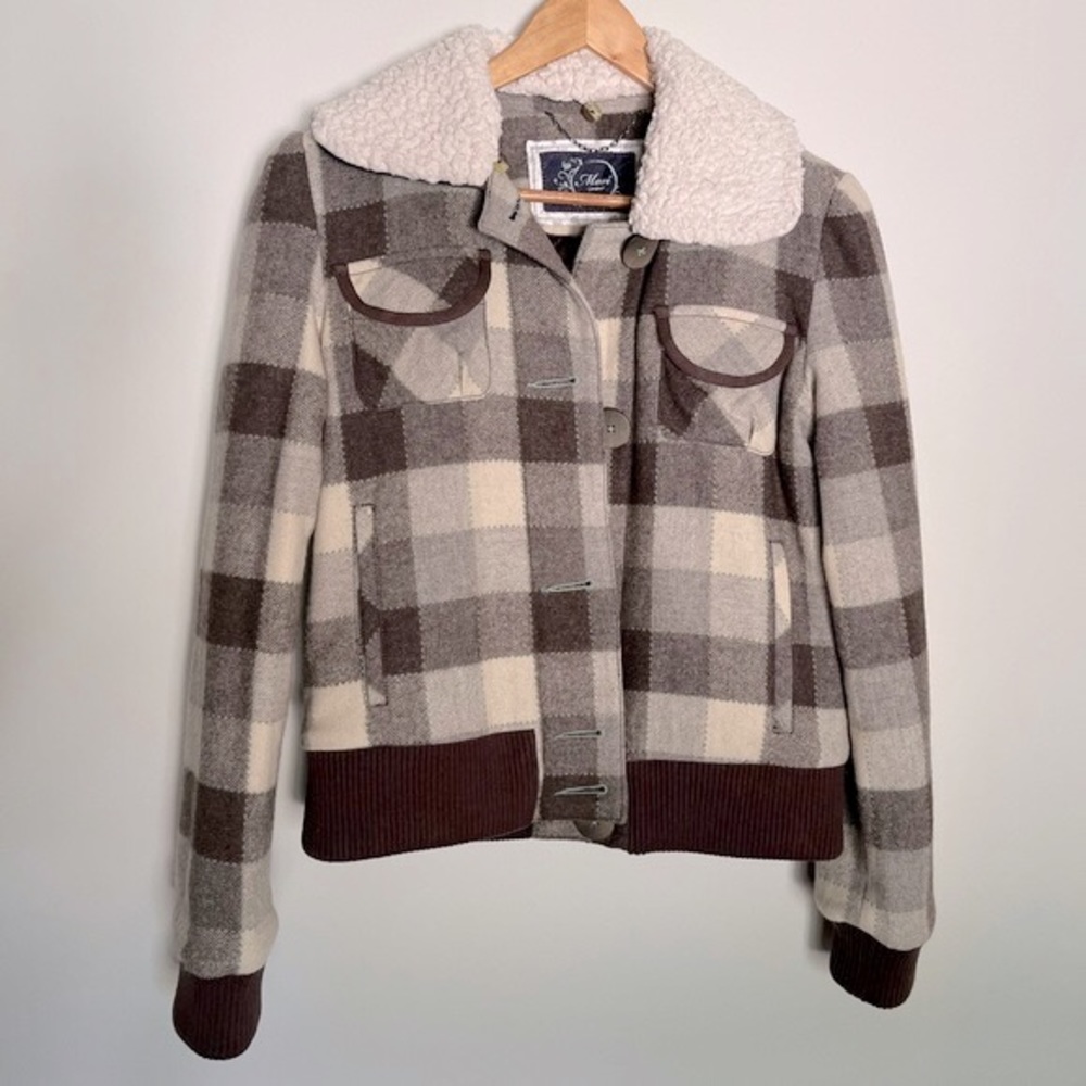 Mavi Checkered Plaid and Sherpa Collar Wool Jacket